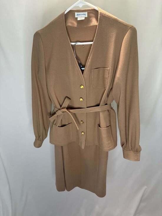 Doncaster Dresses & Skirts - VTG Doncaster 2 Piece Skirt Suit Camel Tan Belted Jacket Midi Skirt Professional